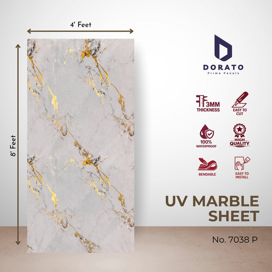 UV 7038 Dorato UV Marble Sheet – Model 7038P | Grey & Gold Marble Finish Wall Panel (4 Ft x 8 Ft, 3mm)