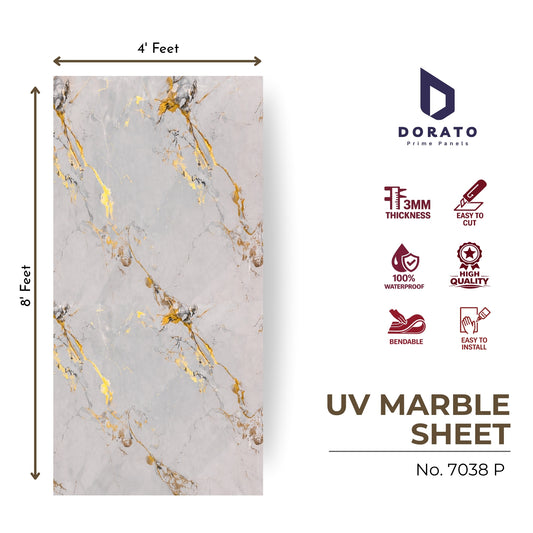 UV 7038 Dorato UV Marble Sheet – Model 7038P | Grey & Gold Marble Finish Wall Panel (4 Ft x 8 Ft, 3mm)