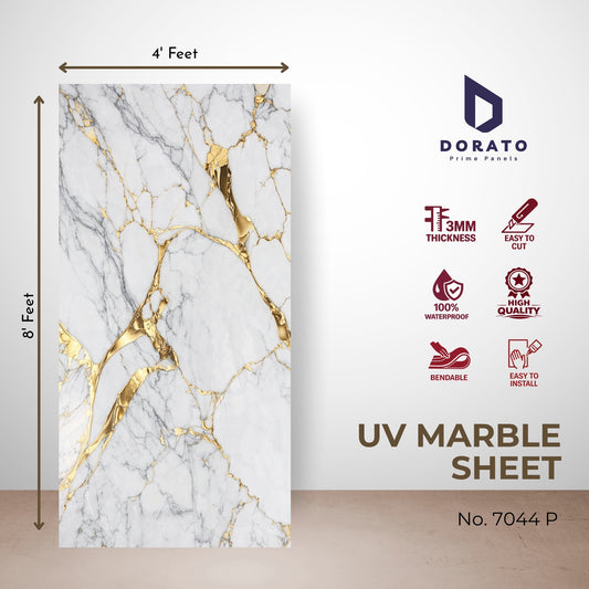 UV 7044 Dorato UV Marble Sheet – Model 7044 P | White & Gold Marble Design Wall Panel (4 Ft x 8 Ft)