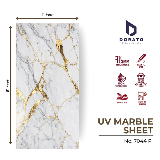 UV 7044 Dorato UV Marble Sheet – Model 7044 P | White & Gold Marble Design Wall Panel (4 Ft x 8 Ft)