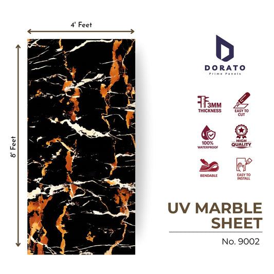 UV 9002 Dorato UV Marble Sheet – Model 9002 | Premium Black & Gold Marble Finish Wall Panel (4ft x 8ft, 3mm)