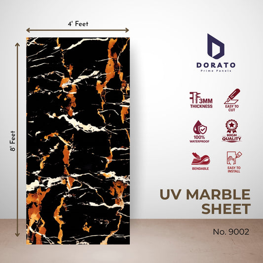 UV 9002 Dorato UV Marble Sheet – Model 9002 | Premium Black & Gold Marble Finish Wall Panel (4ft x 8ft, 3mm)