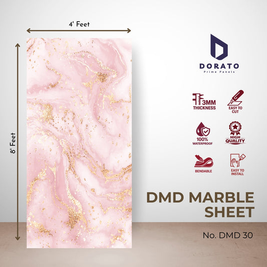 uv 30 Dorato DMD Marble Sheet No. 30 – Pink & Gold Marble Design Wall Panel (4ft x 8ft | 3mm | Waterproof PVC Sheet)