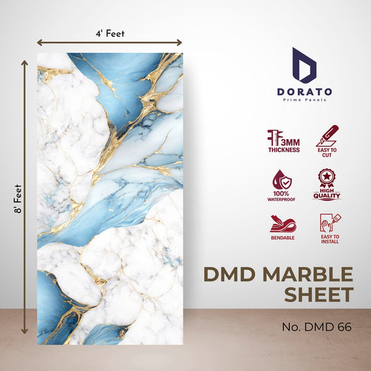 UV 66 Dorato DMD Marble Sheet No. 66 – Premium Blue & White Marble Finish Wall Panel (4ft x 8ft, 3mm, Waterproof)