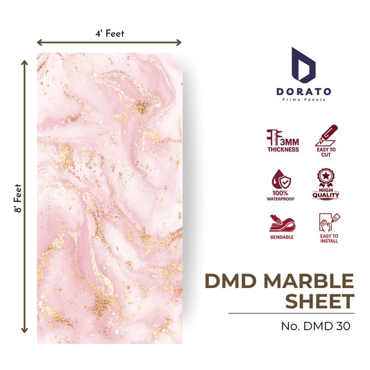 uv 30 Dorato DMD Marble Sheet No. 30 – Pink & Gold Marble Design Wall Panel (4ft x 8ft | 3mm | Waterproof PVC Sheet)