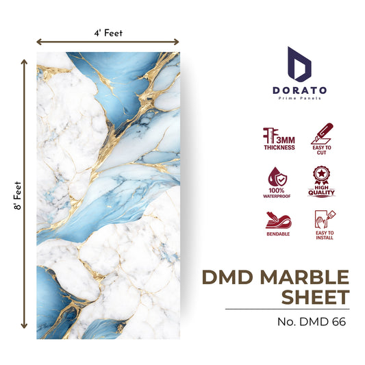 UV 66 Dorato DMD Marble Sheet No. 66 – Premium Blue & White Marble Finish Wall Panel (4ft x 8ft, 3mm, Waterproof)