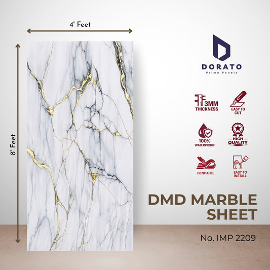 uv 2209 Dorato DMD Marble Sheet IMP 2209 – Premium White & Gold Marble Finish PVC Wall Panel (4ft x 8ft | 3mm)