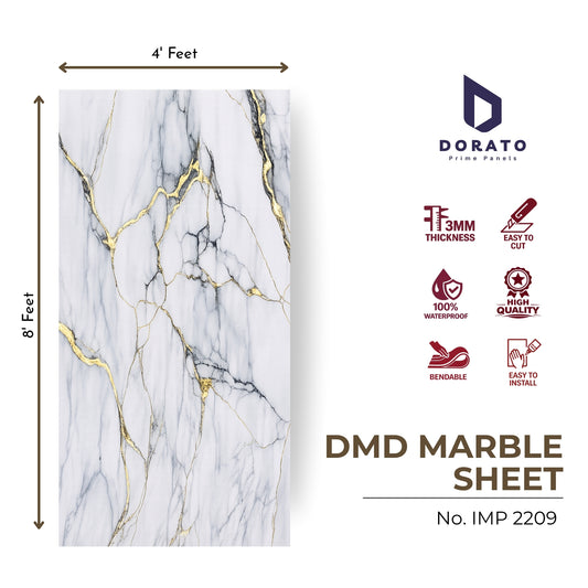 uv 2209 Dorato DMD Marble Sheet IMP 2209 – Premium White & Gold Marble Finish PVC Wall Panel (4ft x 8ft | 3mm)